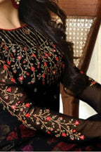 Black Georgette Anarkali Suit Indian Wedding Wear for Guests - Embroidery Work - hem and footwear detail