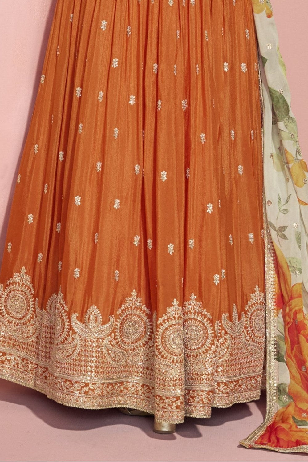 Orange Chinon Silk Long Anarkali for Wedding Reception Gowns Indian - Embroidery Work - hem and footwear detail
