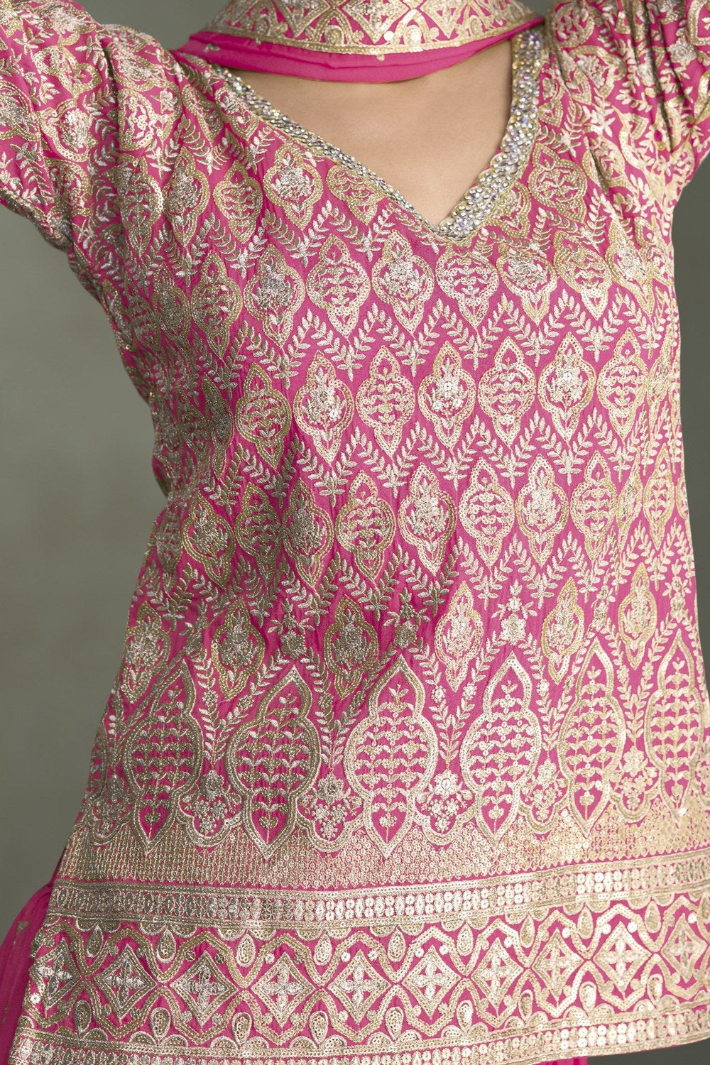 Pink Plazo Suit Design for Wedding in Simmer Silk with Embroidery Work - hem and footwear detail