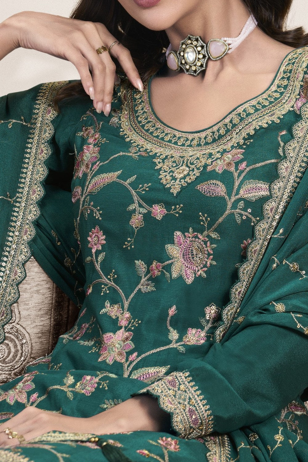 Dark Green Chinon Silk Palazzo Suit For Indian Wedding & Pakistani Festival - Embroidery Work - hem and footwear detail