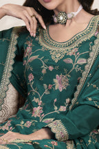 Dark Green Chinon Silk Palazzo Suit For Indian Wedding & Pakistani Festival - Embroidery Work - hem and footwear detail