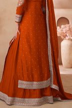 Rust Color Chinon Silk Kameez With Skirt For Indian & Pakistani Wedding Festival - Embroidery Work - hem and footwear detail