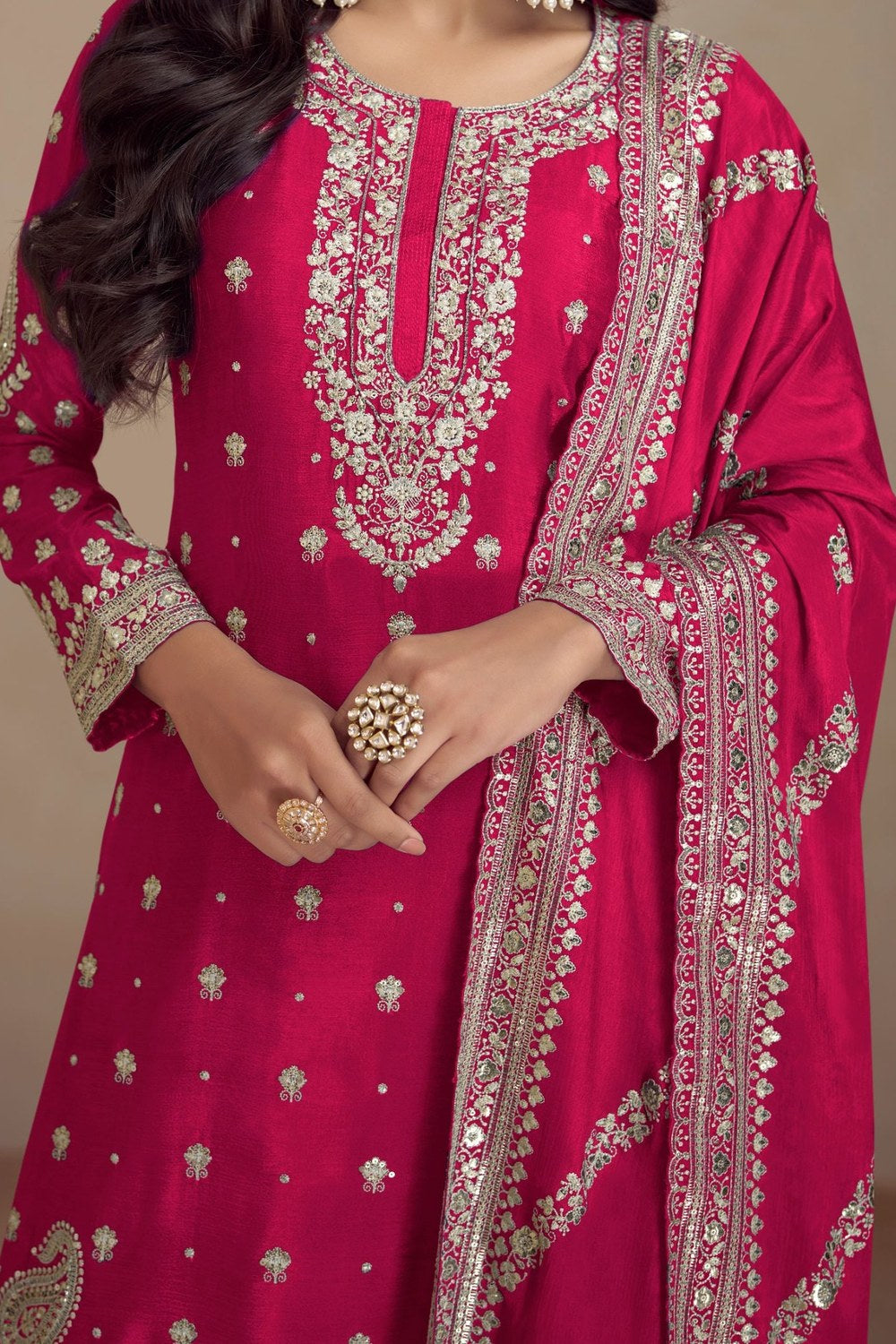 Red Chinon Silk Plazo Suit For Indian Weddings & Pakitani Festival - Embroidery Work RTS - hem and footwear detail