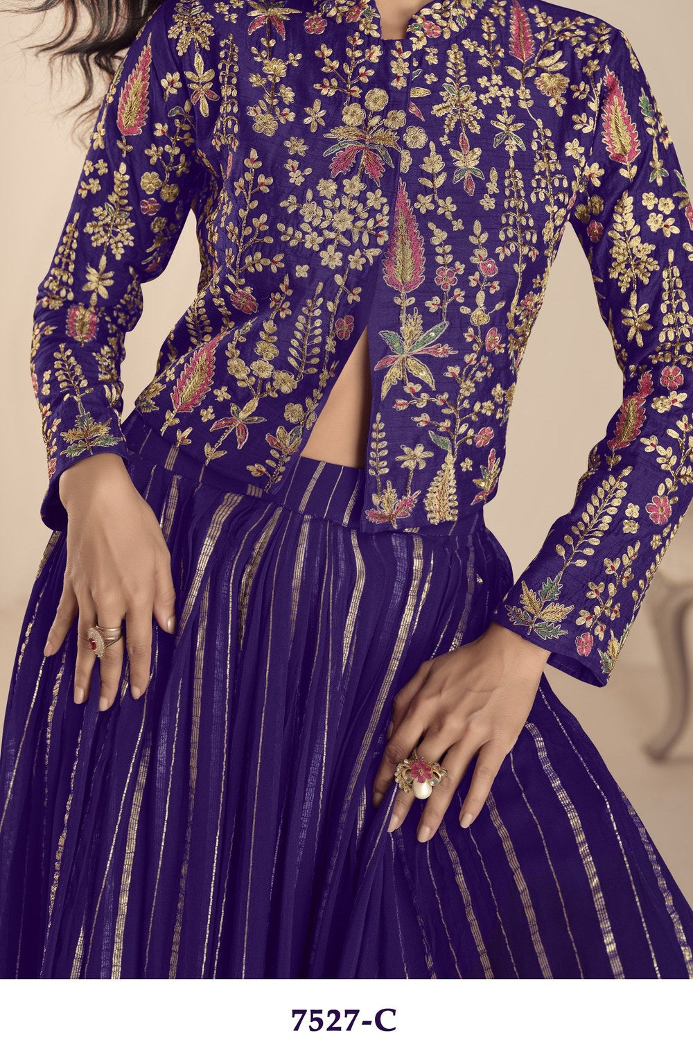 Purple Vichitra Silk Long Sleeves Lehenga with Sequins Embroidery Work - hem and footwear detail
