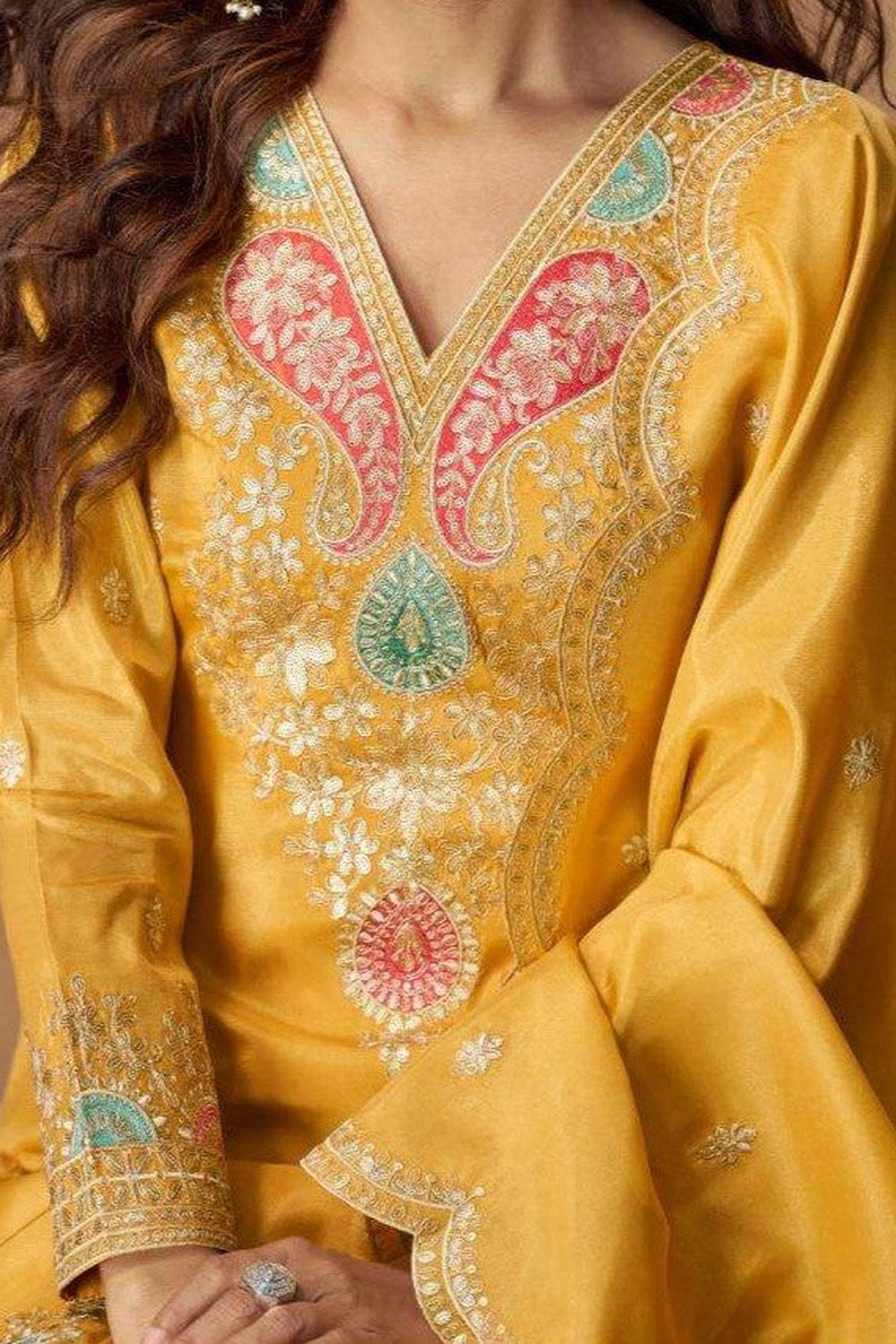 Golden Indian Palazzo Suits Online with Embroidery in Simmer Silk - hem and footwear detail