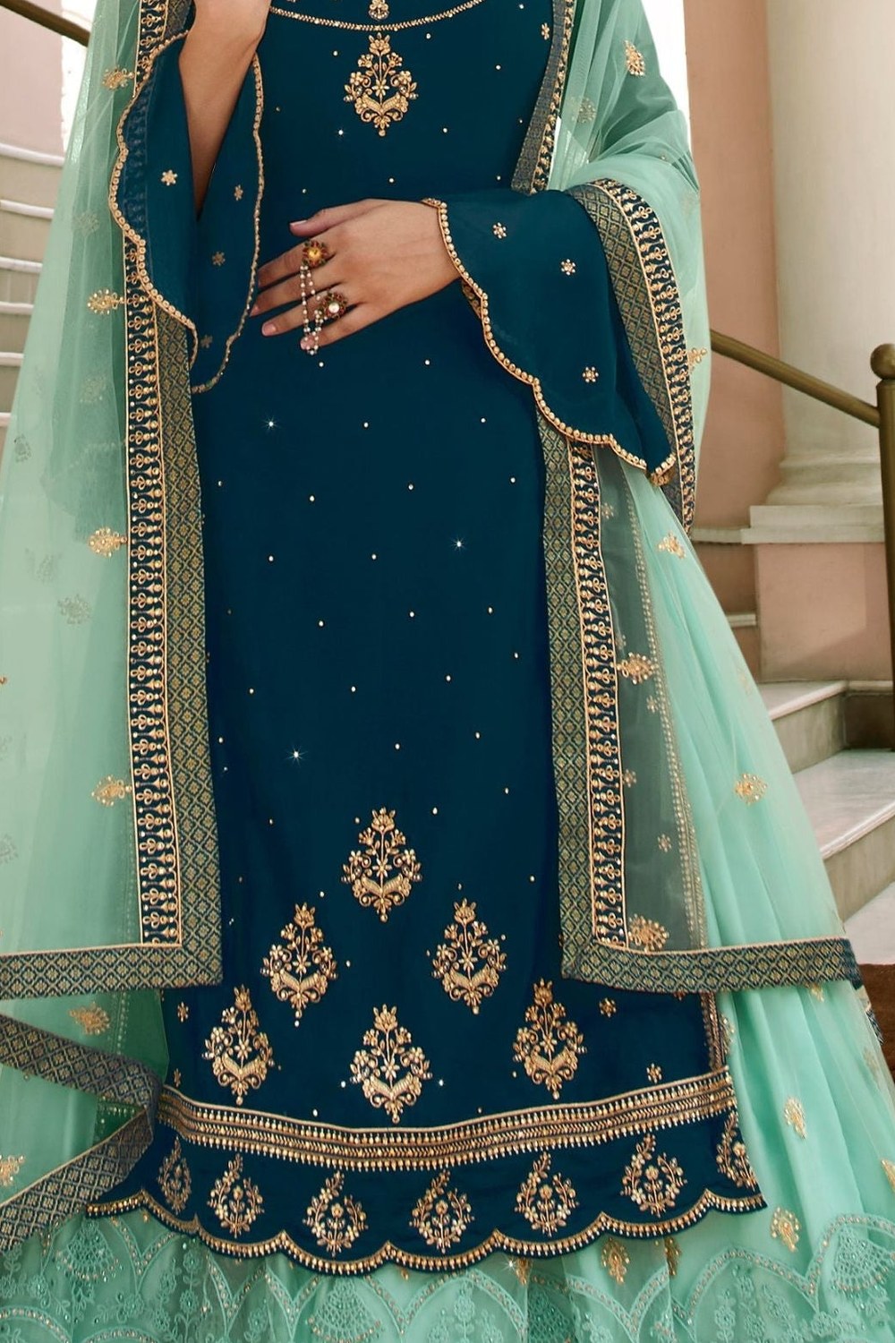 Teal Blue Satin Georgette Kameez with Skirt For Indian & Pakistani Wedding Festivals - Embroidery Work 1150 - detail view