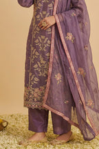 Plum Shimmer Silk Women's Straight Pant Suit with Embroidery Work - hem and footwear detail