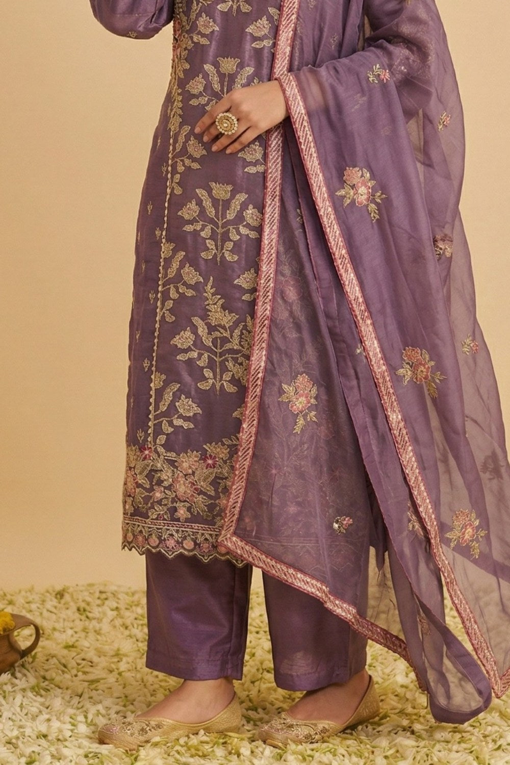 Plum Shimmer Silk Women's Straight Pant Suit with Embroidery Work - hem and footwear detail