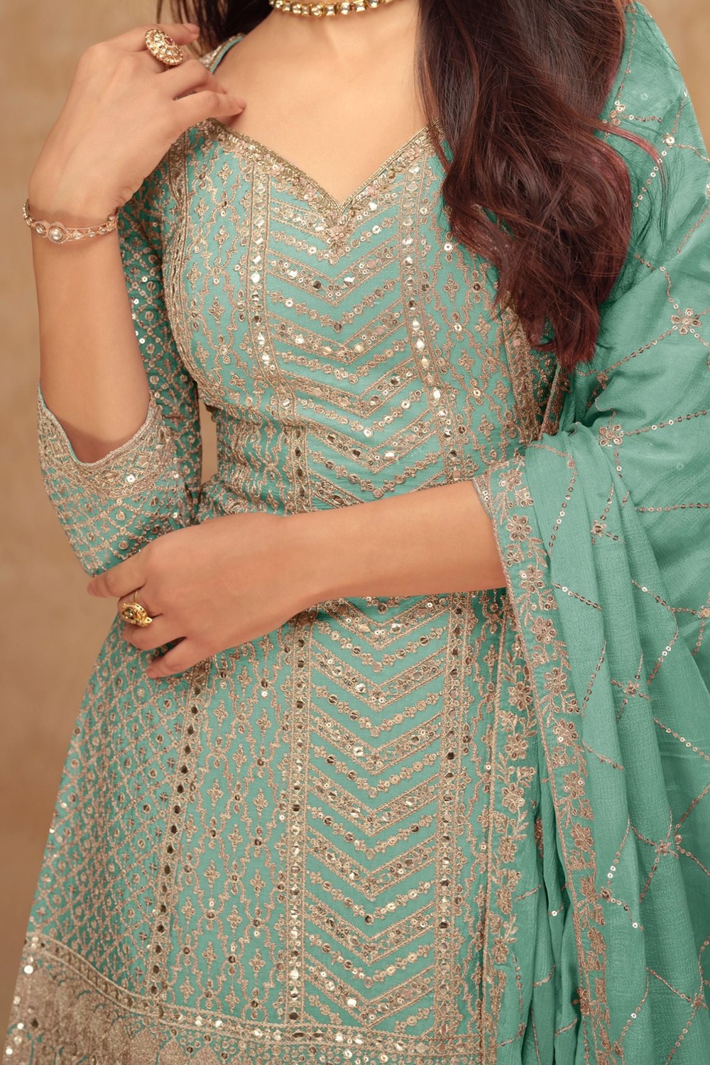 Light Teal Chinon Silk Plazo Suit For Indian Weddings & Pakitani Festival - Embroidery Work - hem and footwear detail