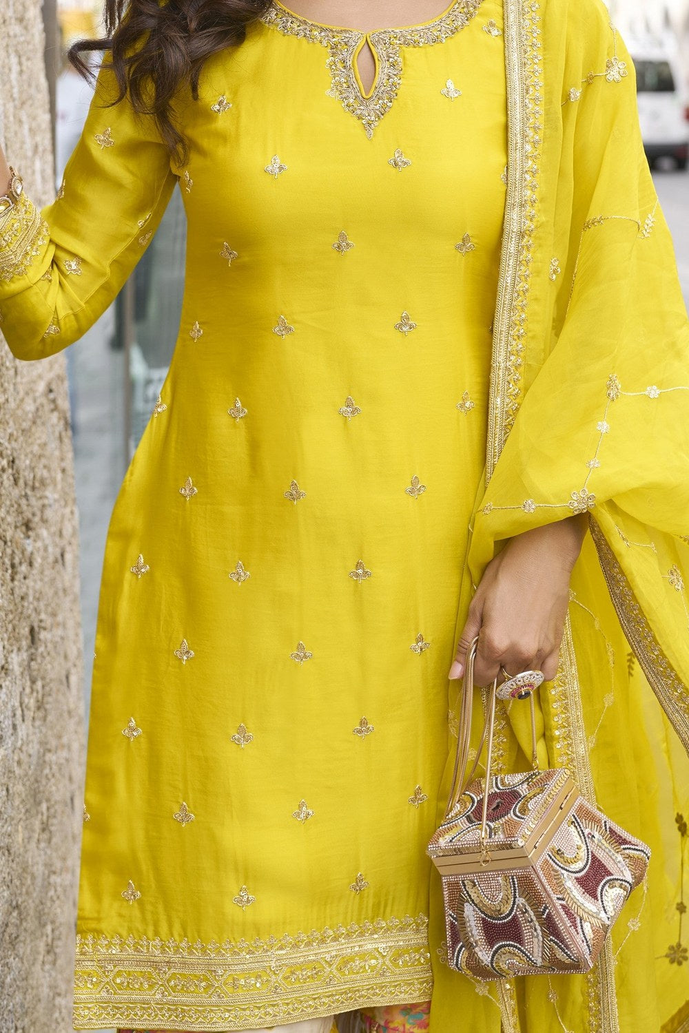 Yellow Chinon Silk Kameez With Palazzo Suit For Indian & Pakistani Wedding Festival - Print Work, Thread & Sequence Embroidery - hem and footwear detail