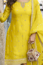 Yellow Chinon Silk Kameez With Palazzo Suit For Indian & Pakistani Wedding Festival - Print Work, Thread & Sequence Embroidery - hem and footwear detail