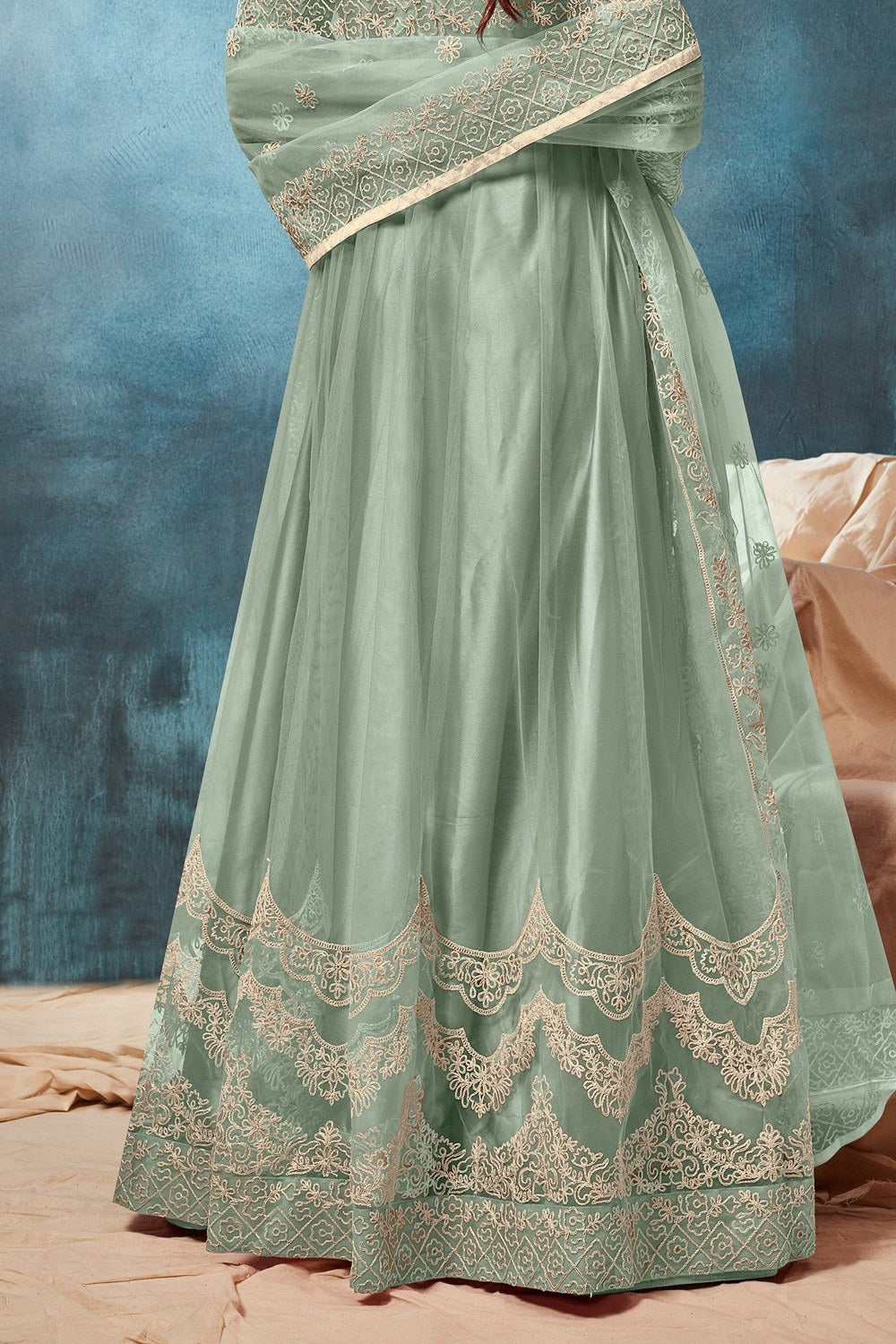 Green Net Anarkali with Dori Embroidery Indian Dresses for Women - hem and footwear detail