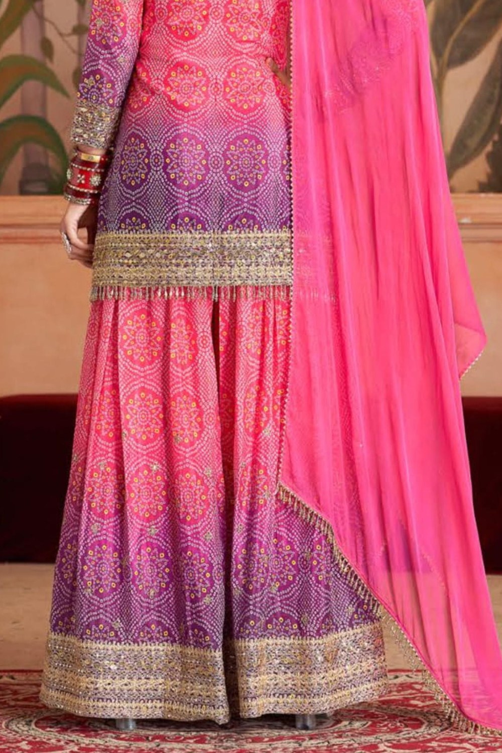 Pink Dual Color Chinon Silk Bandhani Style Pattern Palazzo Suit with Chiffon Dupatta For Indian Festivals & Weddings - Sequence Embroidery Work, Mirror Work, Print Work - hem and footwear detail