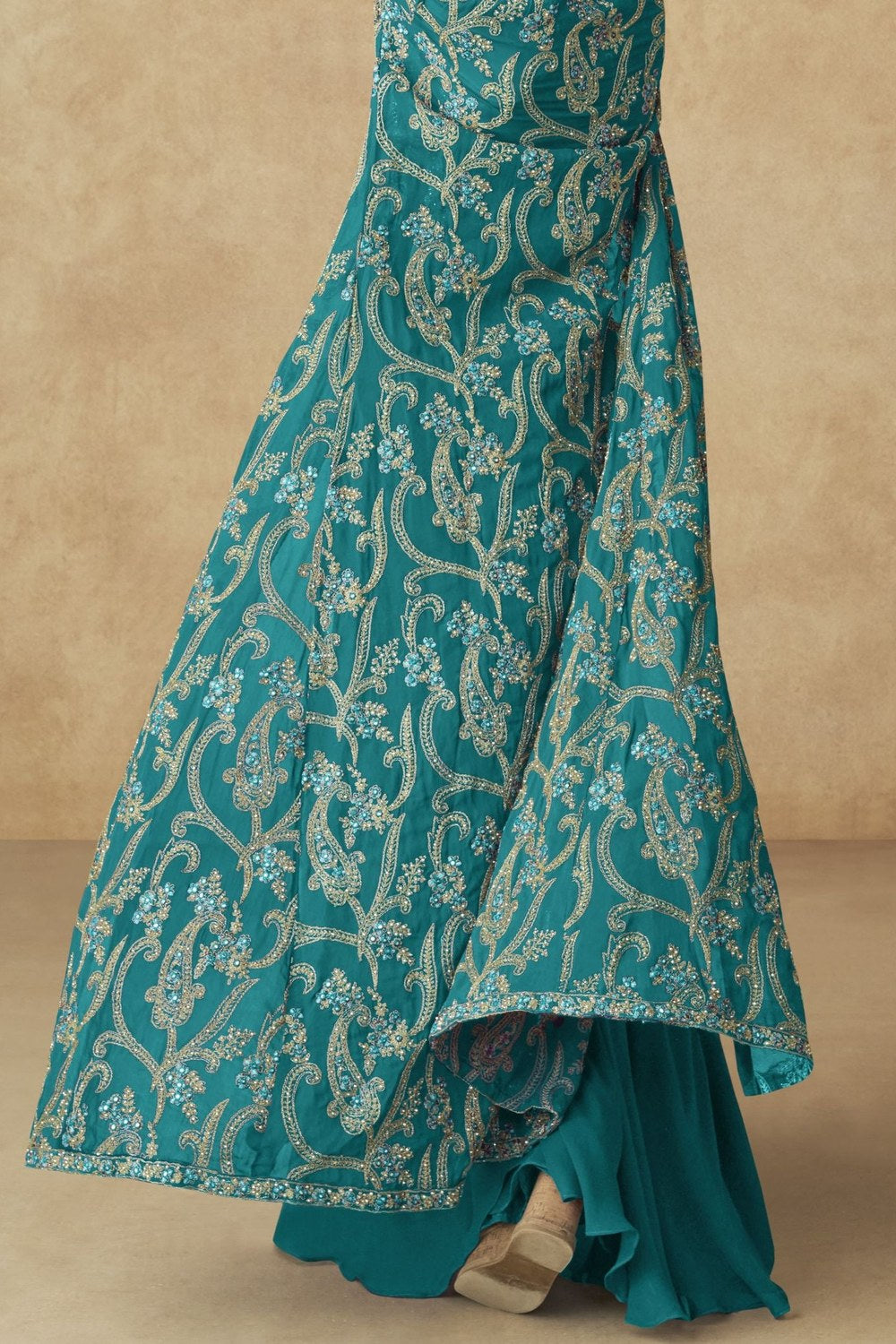 Teal Georgette Palazzo with Choli & Jacket For Wedding & Indian Festival - Embroidery Work - hem and footwear detail