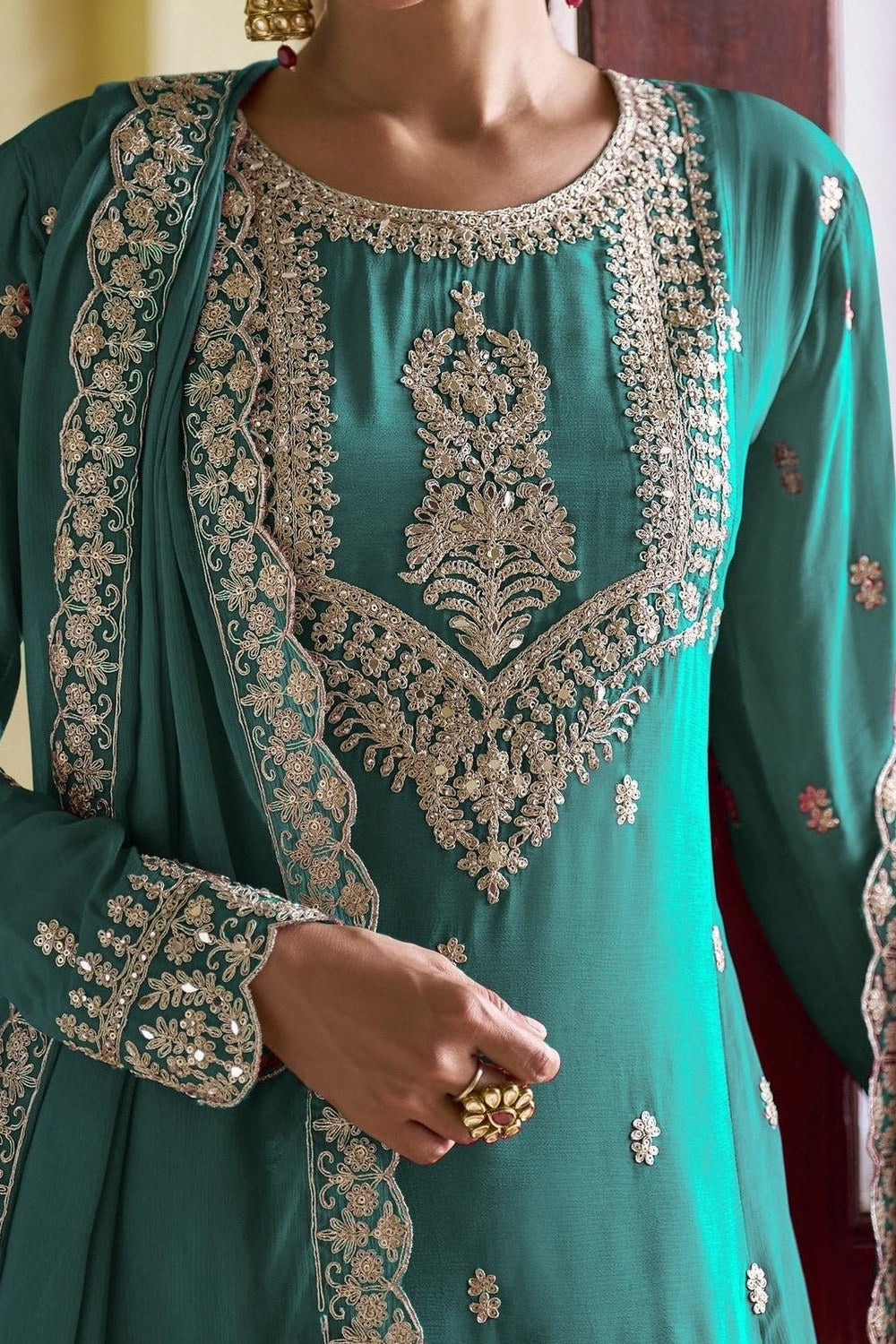 Teal Chinon Silk Kameez With Pant For Indian & Pakistani Wedding Festival - Sequins Embroidery Work, Dori Work - hem and footwear detail
