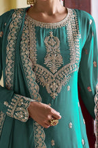 Teal Chinon Silk Kameez With Pant For Indian & Pakistani Wedding Festival - Sequins Embroidery Work, Dori Work - hem and footwear detail