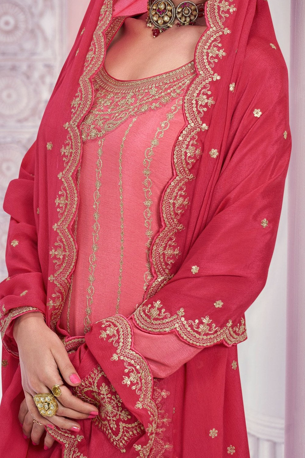 Coral Pink Chinon Silk Plazo Suit for Indian Wedding Outfits - Thread & Sequence Embroidery Work - hem and footwear detail