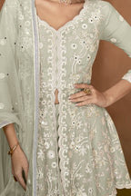 Sharara for Women in Dusty Green with Georgette Thread Embroidery Work - hem and footwear detail