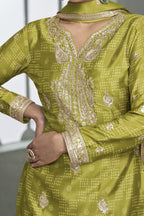 Green Chinon Silk Plazo Suit For Mehndi For Indian & Pakistani Wedding Festival - Print Work, Embroidery Work - hem and footwear detail