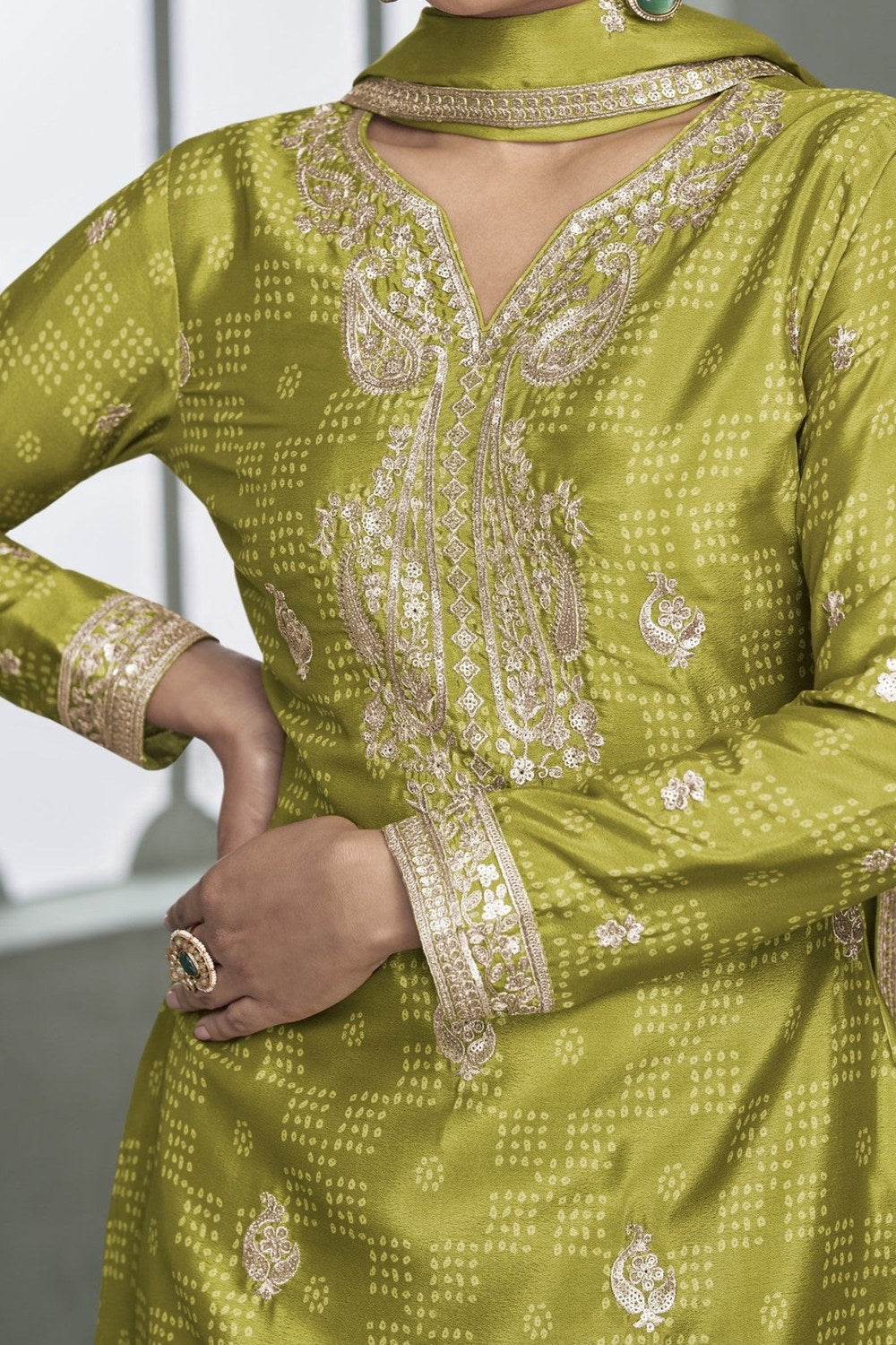 Green Chinon Silk Plazo Suit For Mehndi For Indian & Pakistani Wedding Festival - Print Work, Embroidery Work - hem and footwear detail