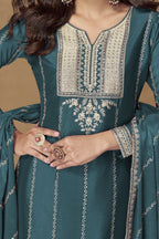 Teal Chinon Silk Plazo Suit For Indian & Pakistani Wedding Festival - Thread Embroidery Work - hem and footwear detail