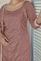 Dusty Rose Chinon Silk Plazo Dress for Women with Embroidery Work - hem and footwear detail