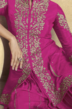Dark Pink Chinon Silk Plazo Suit For Indian Weddings & Pakistani Festival - Embroidery Work - hem and footwear detail