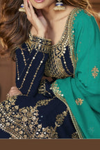 Navy Blue Georgette Kameez with Skirt Suit For Indian Wedding & Festival - Sequence Embroidery Work - hem and footwear detail
