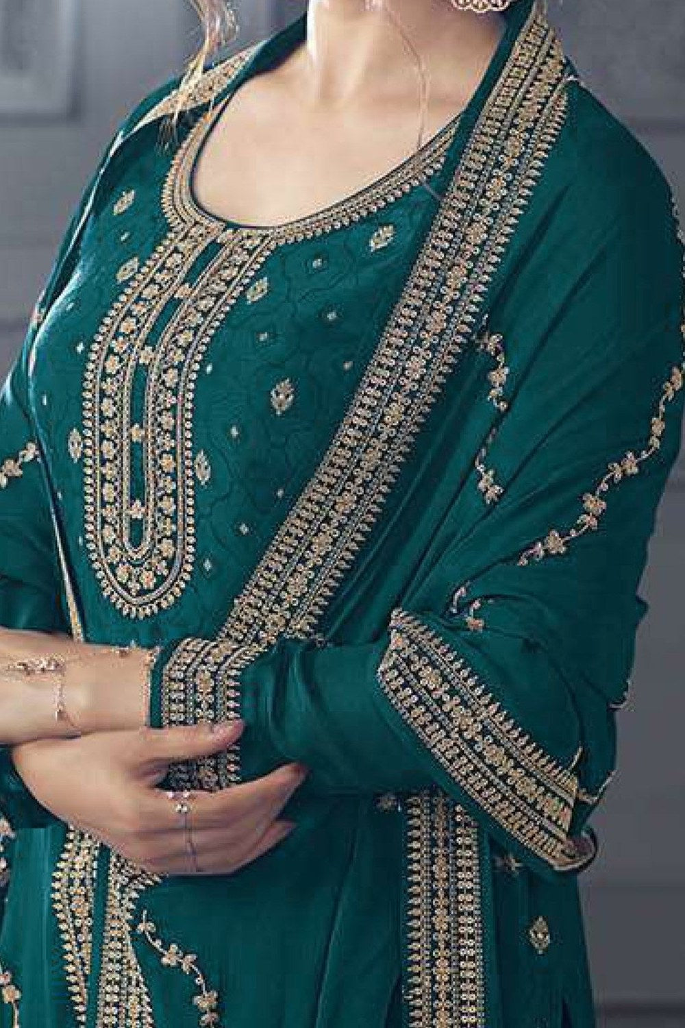 Dark Teal Jacquard Silk Kameez With Pant For Wedding & Festival - Embroidery Work - hem and footwear detail