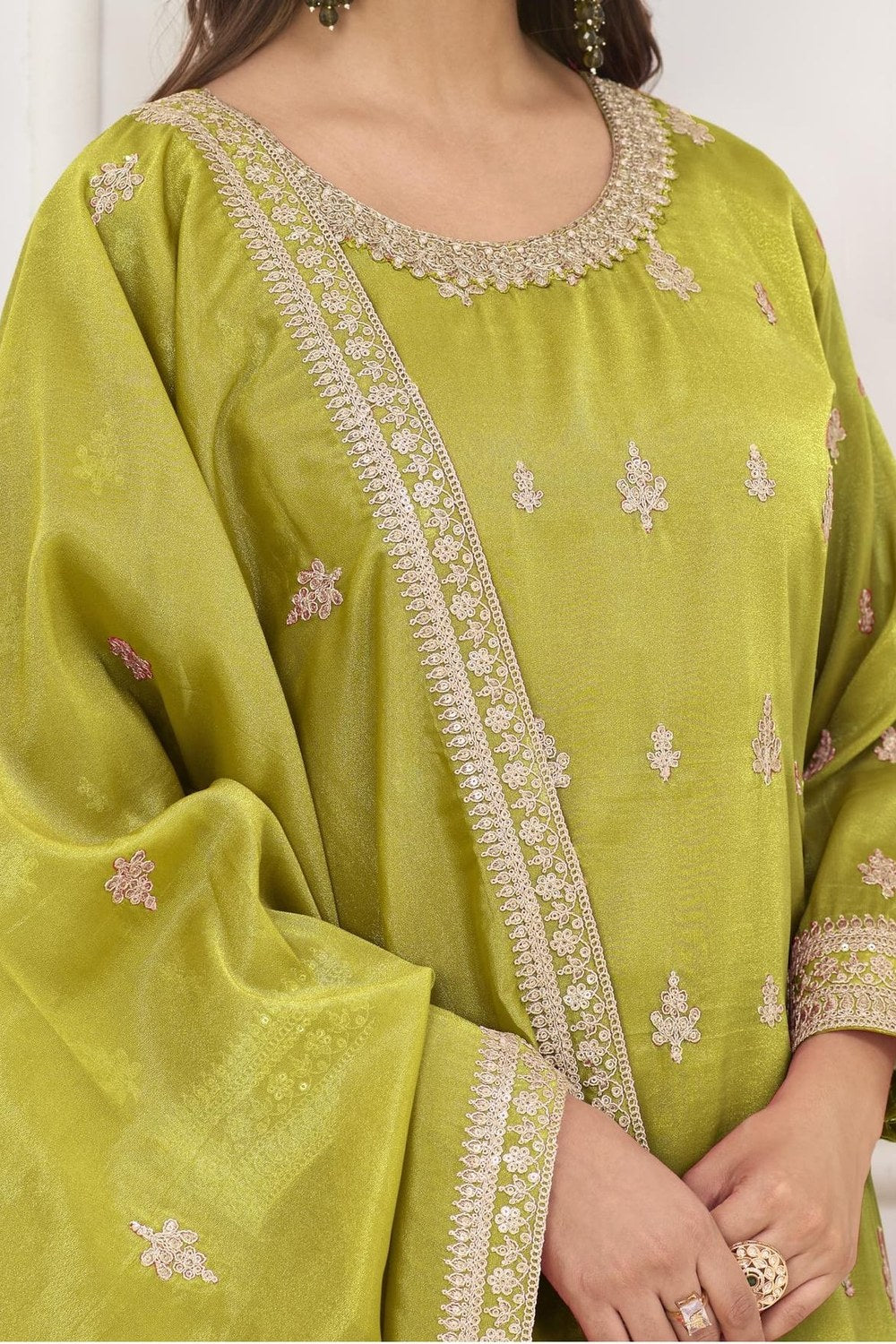 Olive Green Wedding Guest Outfit Palazzo Suit in Simmer Silk & Embroidery Work - hem and footwear detail