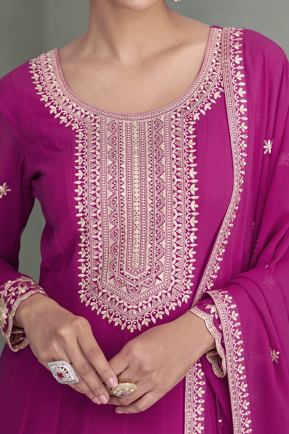 Magenta Georgette Anarkali Suit For Indian & Pakistani Wedding Festival - Embroidery Work - hem and footwear detail