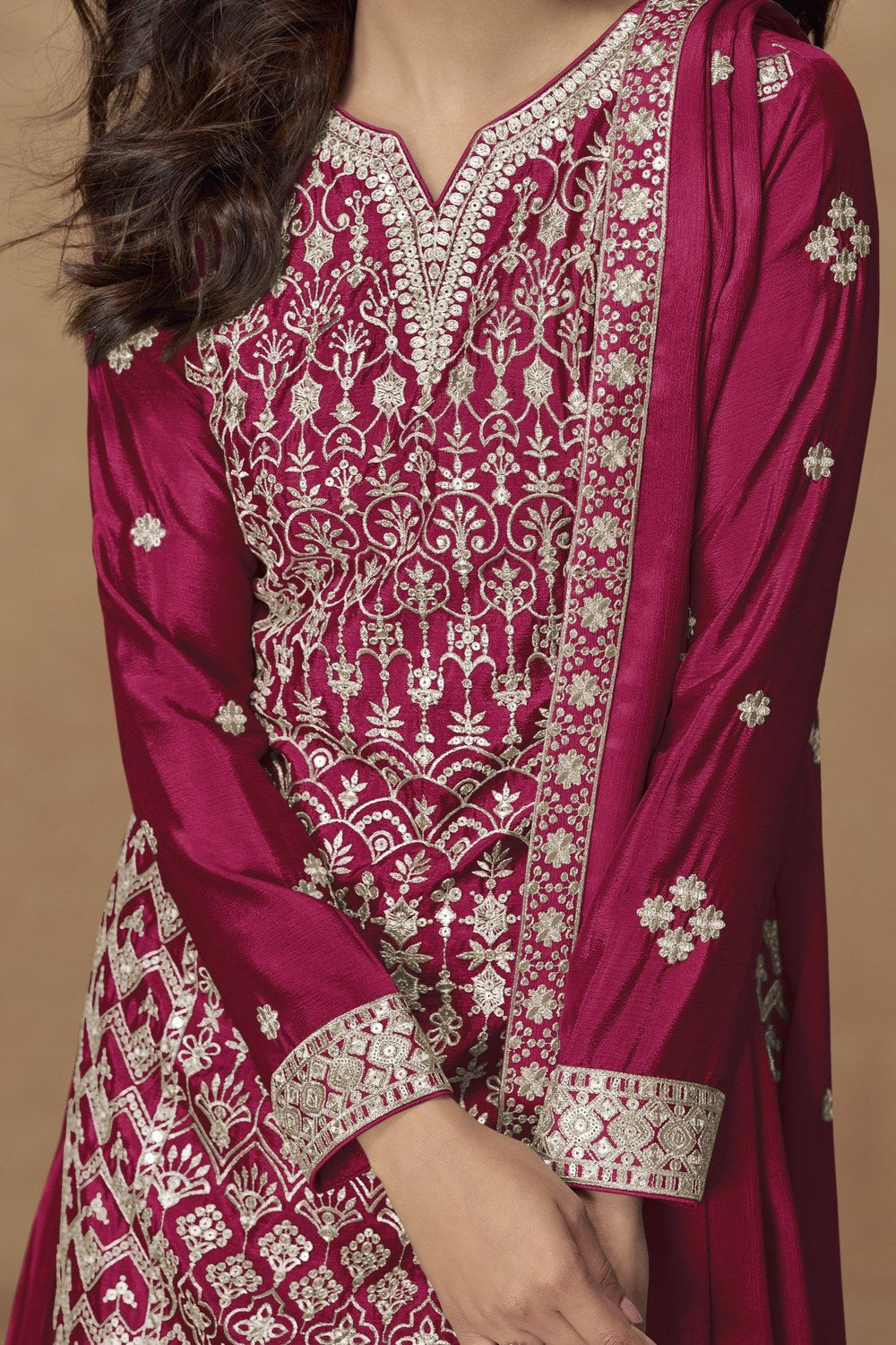 Dark Pink Chinon Silk Kameez With Plazzo Suit For Indian & Pakistani Wedding Festival - Thread & Sequence Embroidery - hem and footwear detail