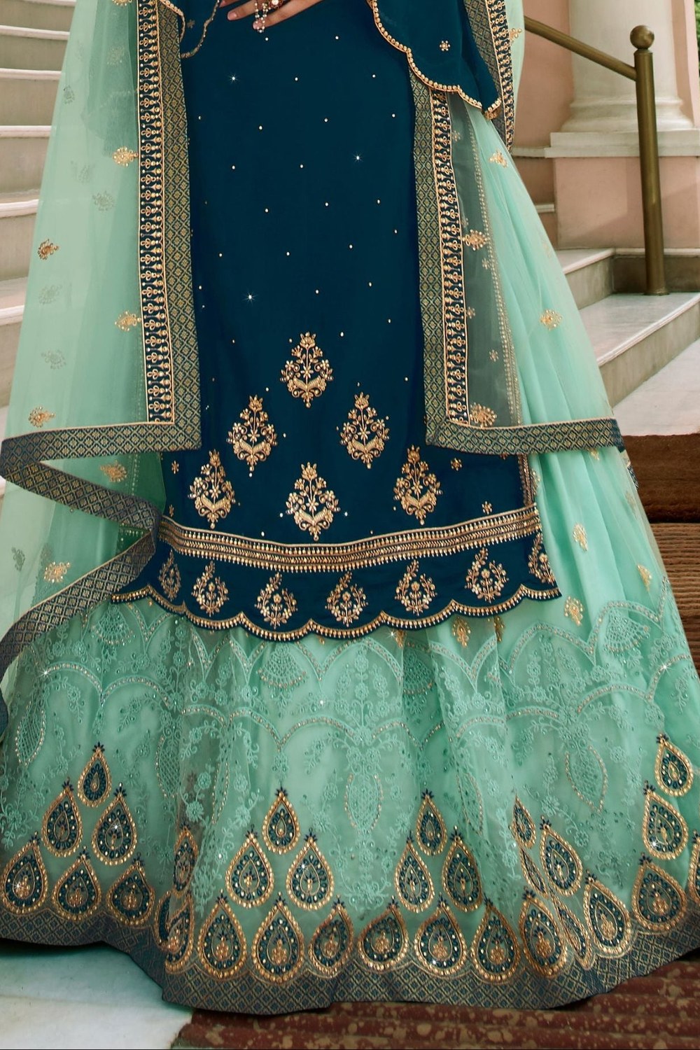 Teal Blue Satin Georgette Kameez with Skirt For Indian & Pakistani Wedding Festivals - Embroidery Work 1150 - hem and footwear detail