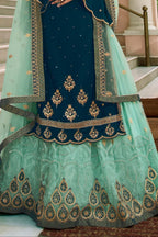Teal Blue Satin Georgette Kameez with Skirt For Indian & Pakistani Wedding Festivals - Embroidery Work 1150 - hem and footwear detail