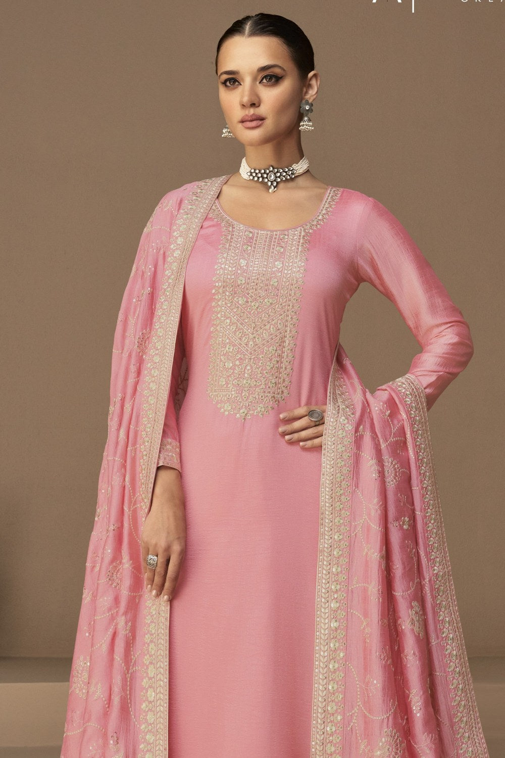 Pink Chinon Silk Kameez Pant Suit For Indian Festivals & Weddings - Thread Embroidery Work, - close-up view