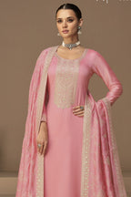 Pink Chinon Silk Kameez Pant Suit For Indian Festivals & Weddings - Thread Embroidery Work, - close-up view