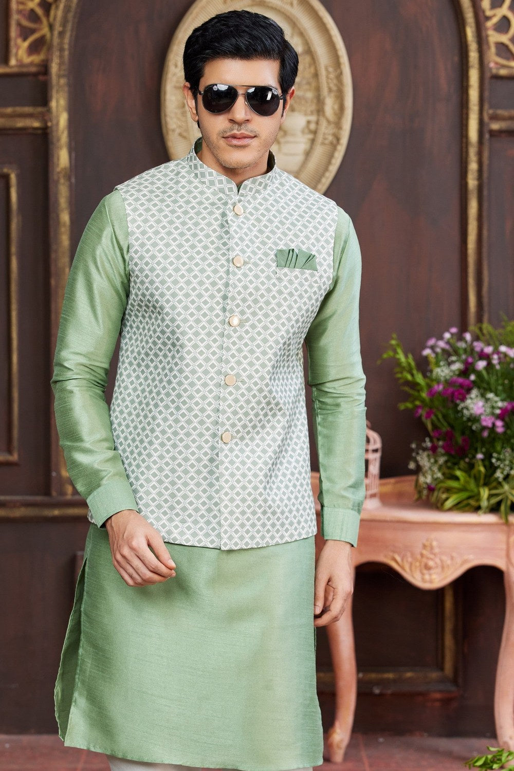 Green White Art Silk Kurta Pajama with Waistcoat Jacket for Men for Wedding & Festival - Print Work - close-up view