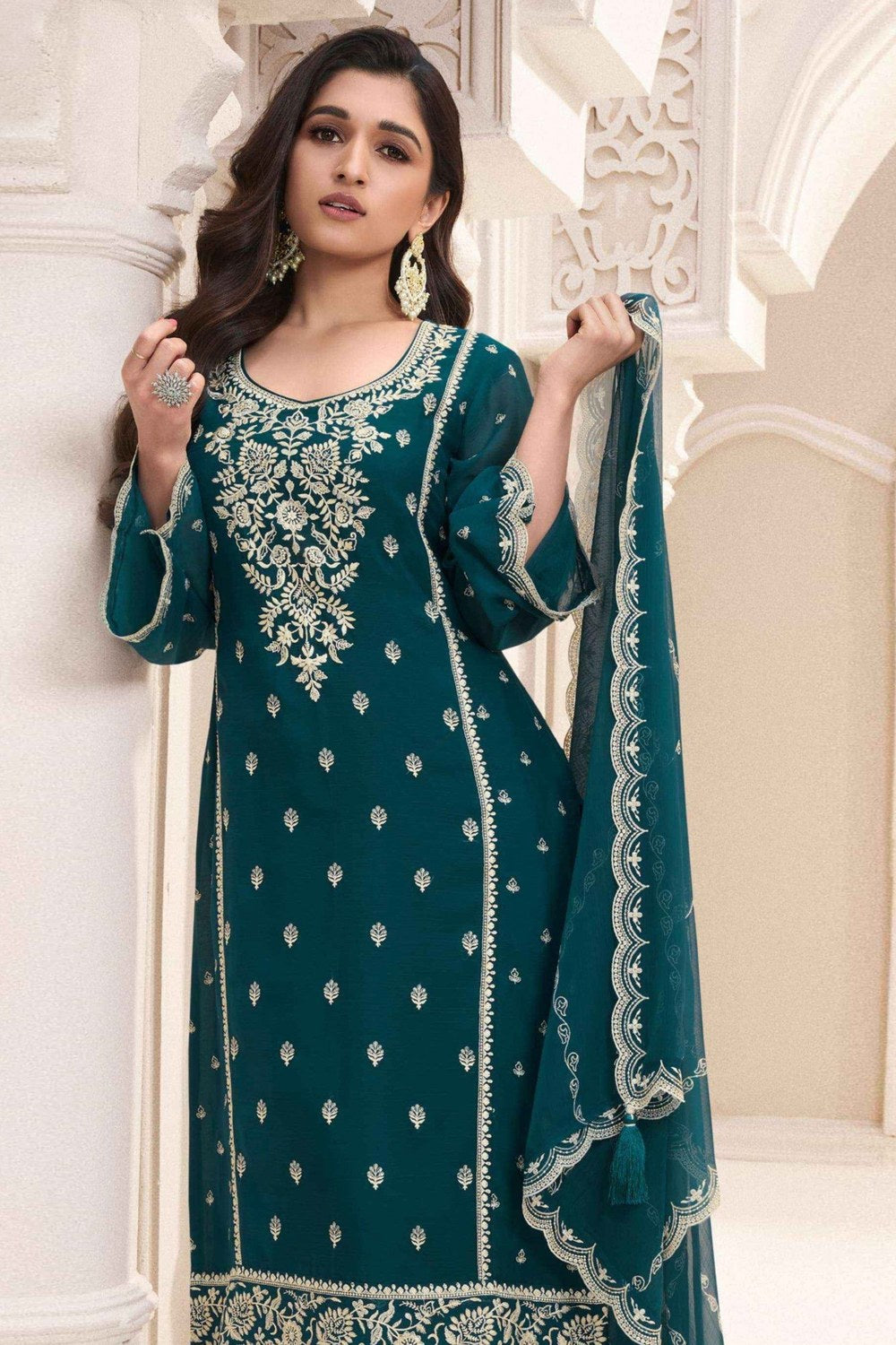 Teal Chiffon Silk Long Kameez Pant Suit For Indian Festivals & Weddings - Embroidery Work - close-up view