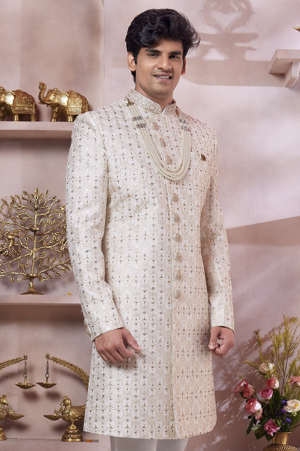 Off White Art Silk Indo Western Traditional Sherwani Long Kurta & Pant Suit for Men for Wedding - Thread Embroidery Work - close-up view
