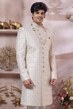 Off White Art Silk Indo Western Traditional Sherwani Long Kurta & Pant Suit for Men for Wedding - Thread Embroidery Work - close-up view