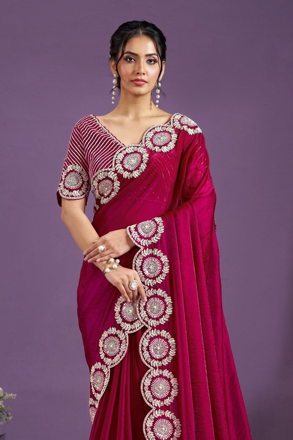 Red Two Tone Satin Silk Saree With Stitched Blouse For Indian & Pakistani Wedding Festival - Sequence Embroidery Work, Moti Work, Dori Work - close-up view