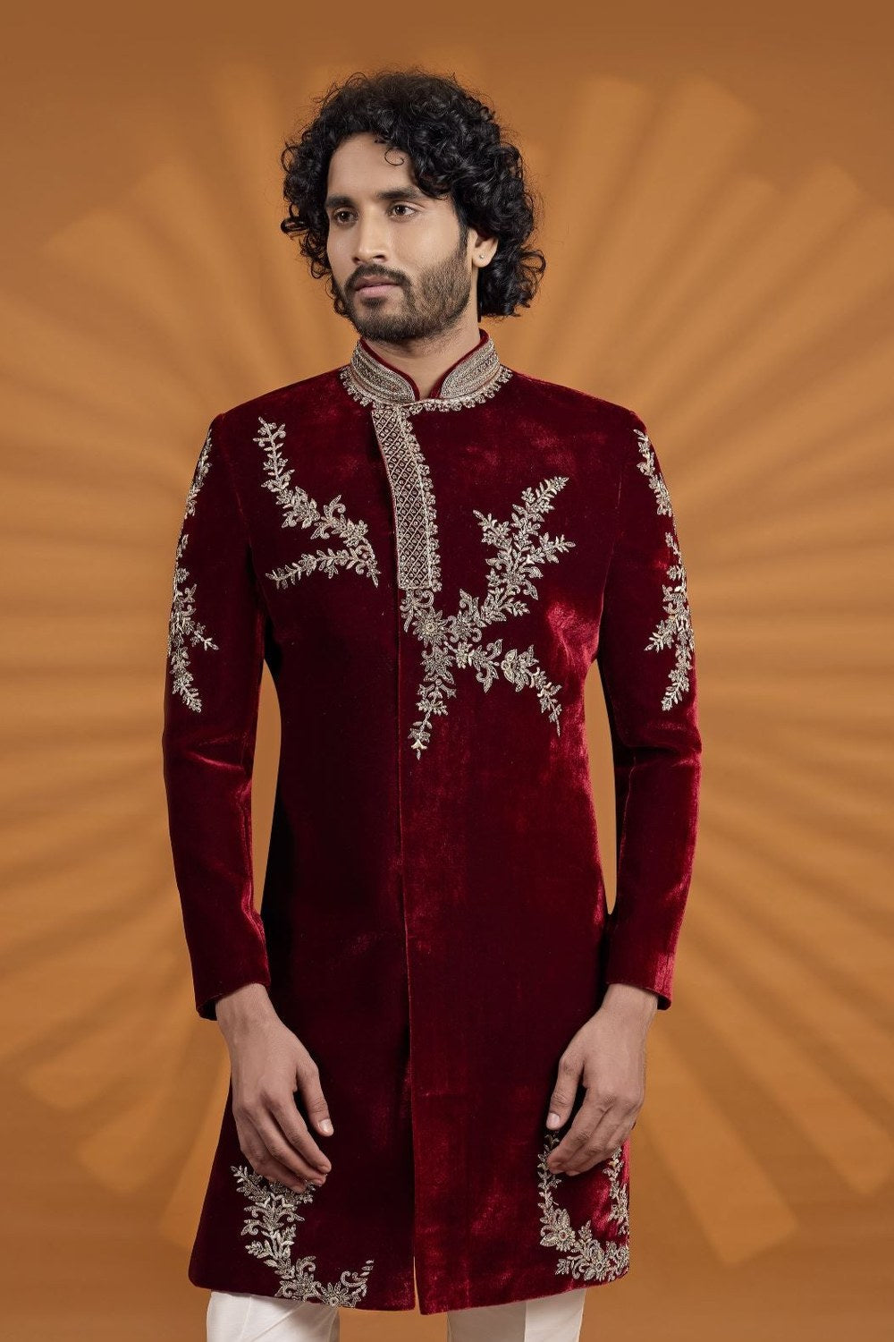 Maroon Velvet Indian Wedding Suit for Men - Embroidered Kurta and Pajama - close-up view