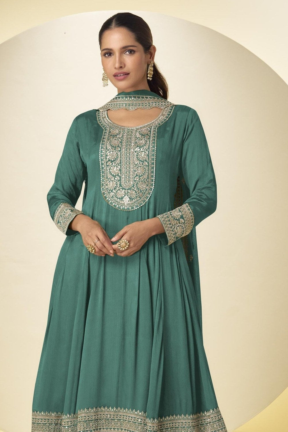 Emerald Green Chinon Silk Palazo Suit For Indian & Pakistani Wedding Festival - Thread & Sequins Embroidery Work - close-up view