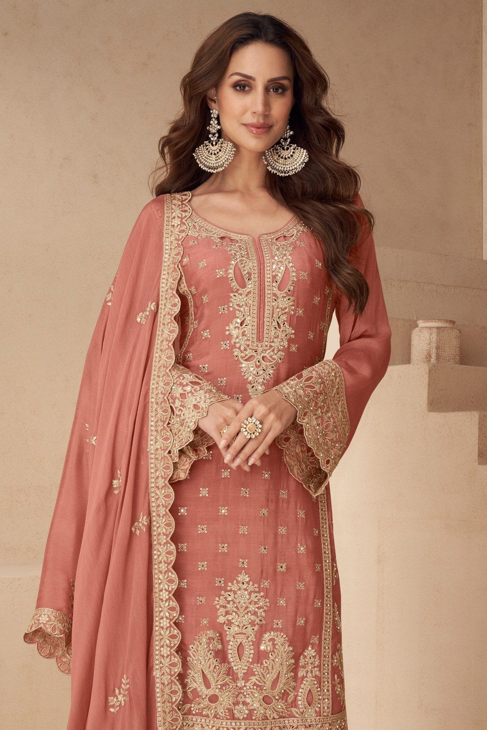 Salmon Chinon Silk Palazo Suit For Indian & Pakistani Wedding Festival - Sequins & Thread Embroidery Work - close-up view