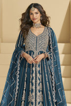 Teal Chinon Silk Front Slit Anarkali With Skirt Suit For Indian & Pakistani Wedding Festival - Sequins & Thread Embroidery Work, Dori Work - close-up view