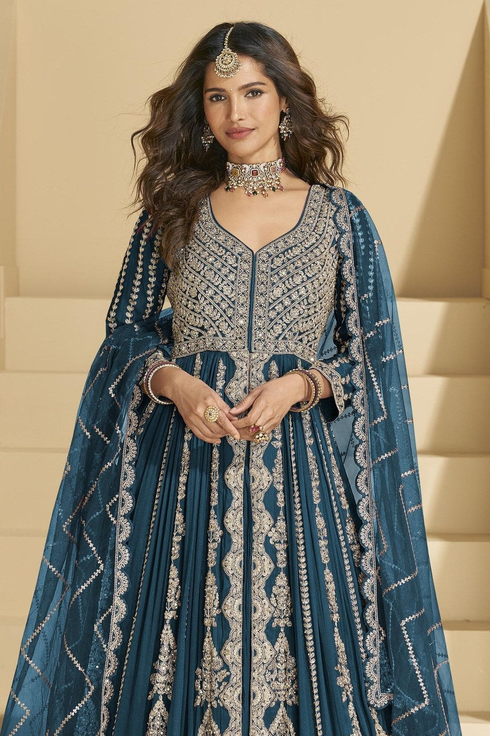 Teal Chinon Silk Front Slit Anarkali With Skirt Suit For Indian & Pakistani Wedding Festival - Sequins & Thread Embroidery Work, Dori Work - close-up view