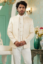 Cream Art Silk Traditional Jodhpuri Suits with Jacket & Pant for Men for Wedding - Thread Embroidery Work - close-up view