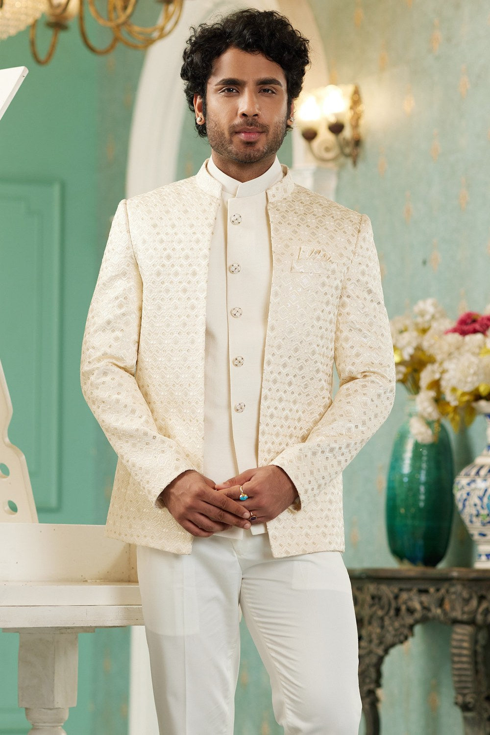 Cream Art Silk Traditional Jodhpuri Suits with Jacket & Pant for Men for Wedding - Thread Embroidery Work - close-up view