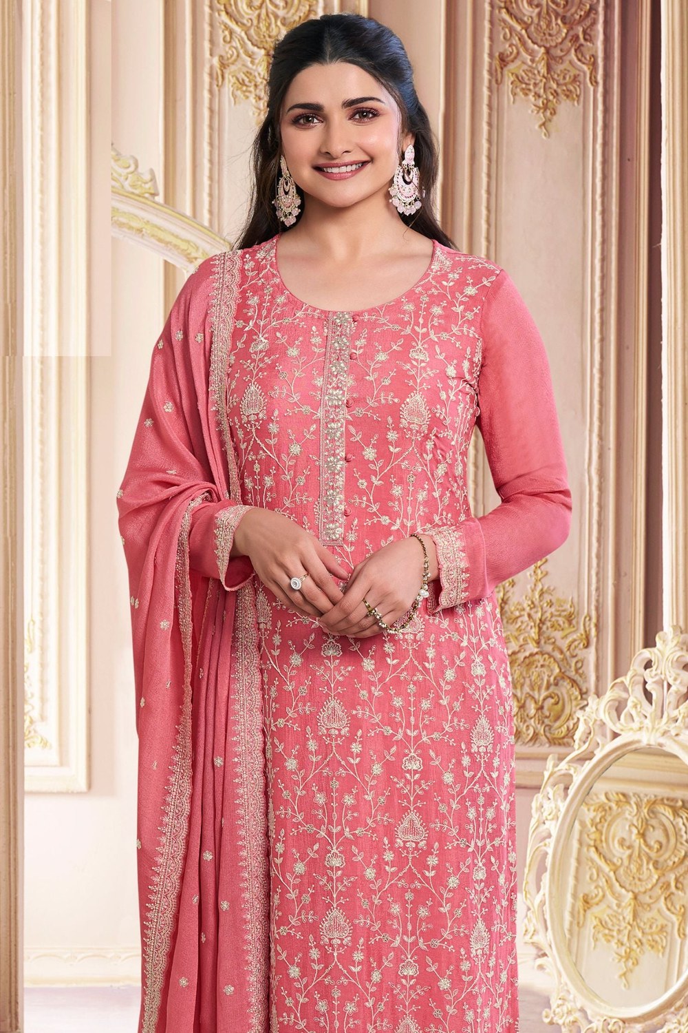 Peach Chinon Silk Long Kameez Suit with Pant And Dupatta Festivals & Pakistani Weddings - Embroidery Work - close-up view