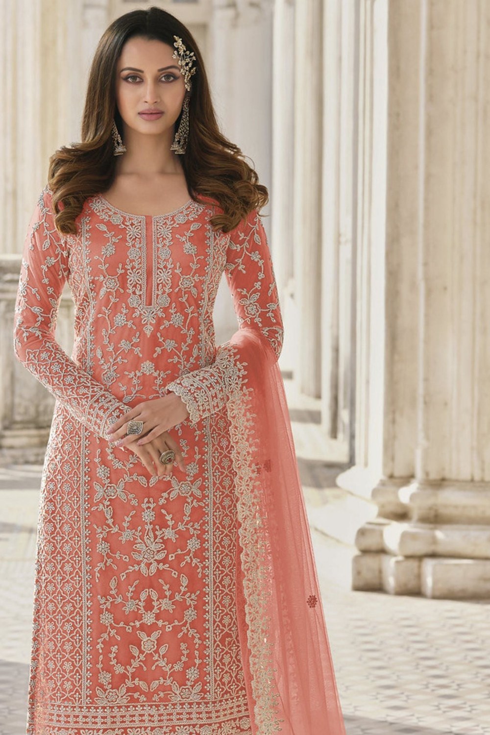 Orange Net Kameez Plazzo Suit For Indian Wedding & Pakistani Festival Dress - Embroidery Work - close-up view